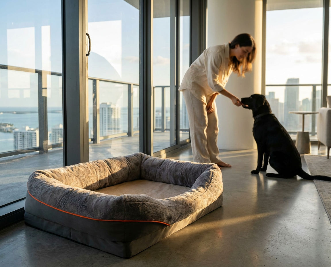 Dog sofa bed staged in a Brickell apartment living room, with a woman and her black Lab softly out of focus in the kitchen behind