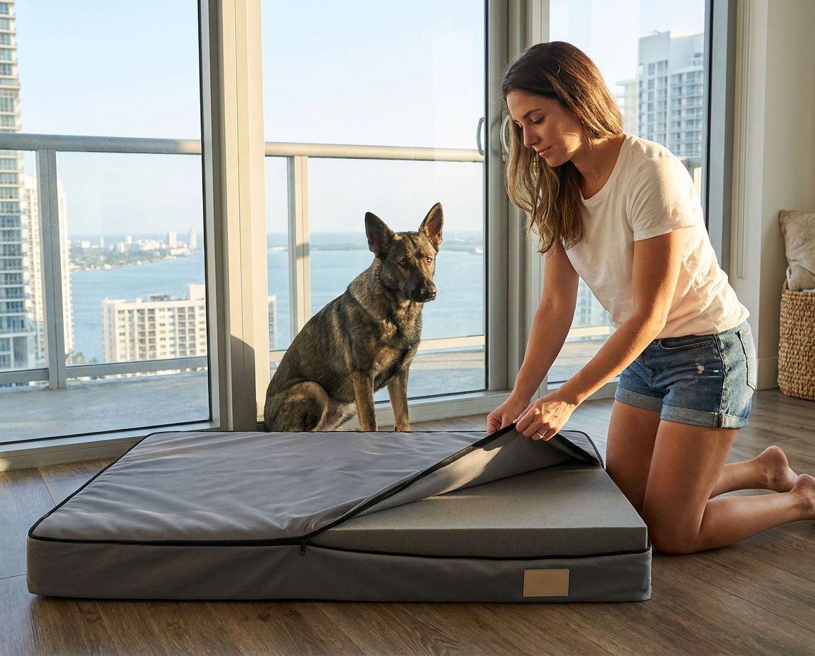A hand unzipping the washable cover off the flat foam dog mattress while a German Shepherd waits beside it