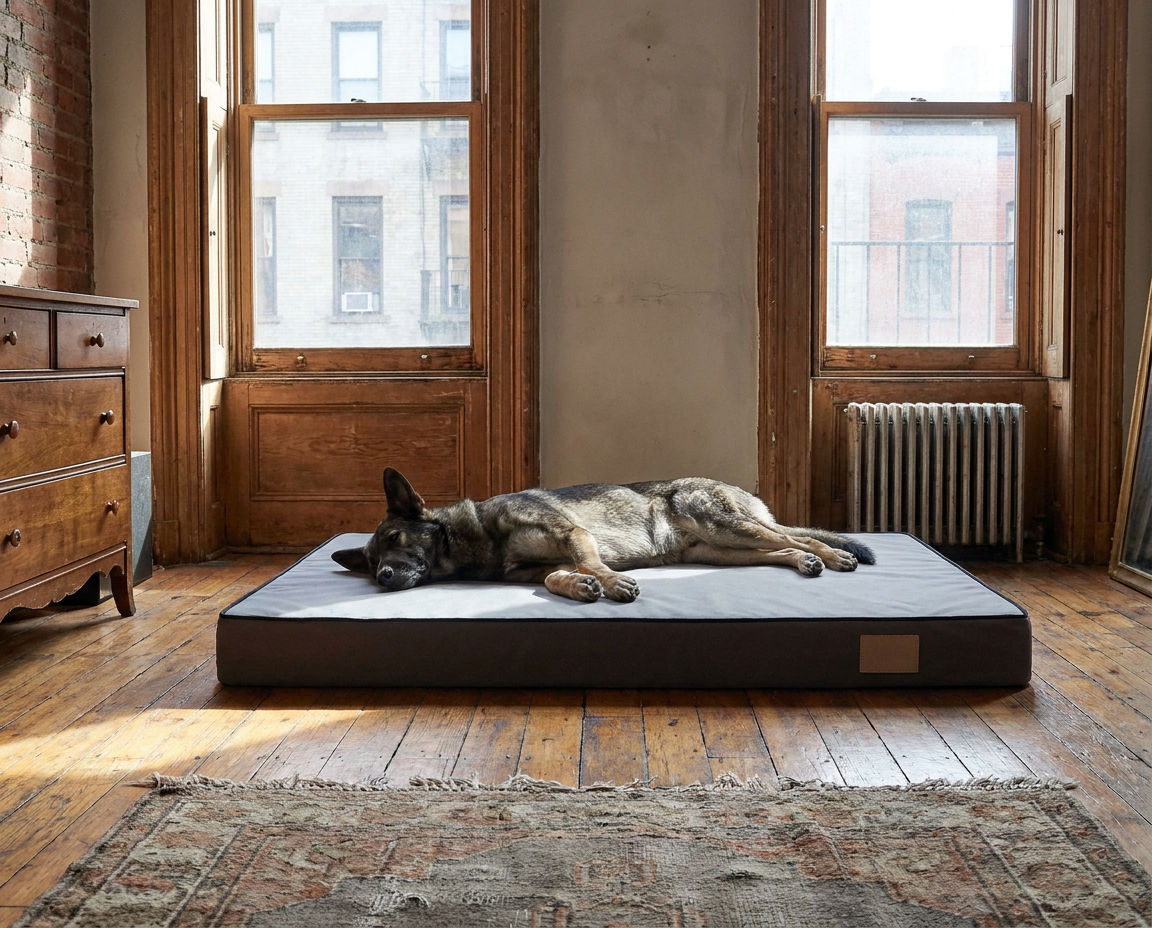 German Shepherd sprawled flat on his side across the cool Oxford surface of the foam mattress
