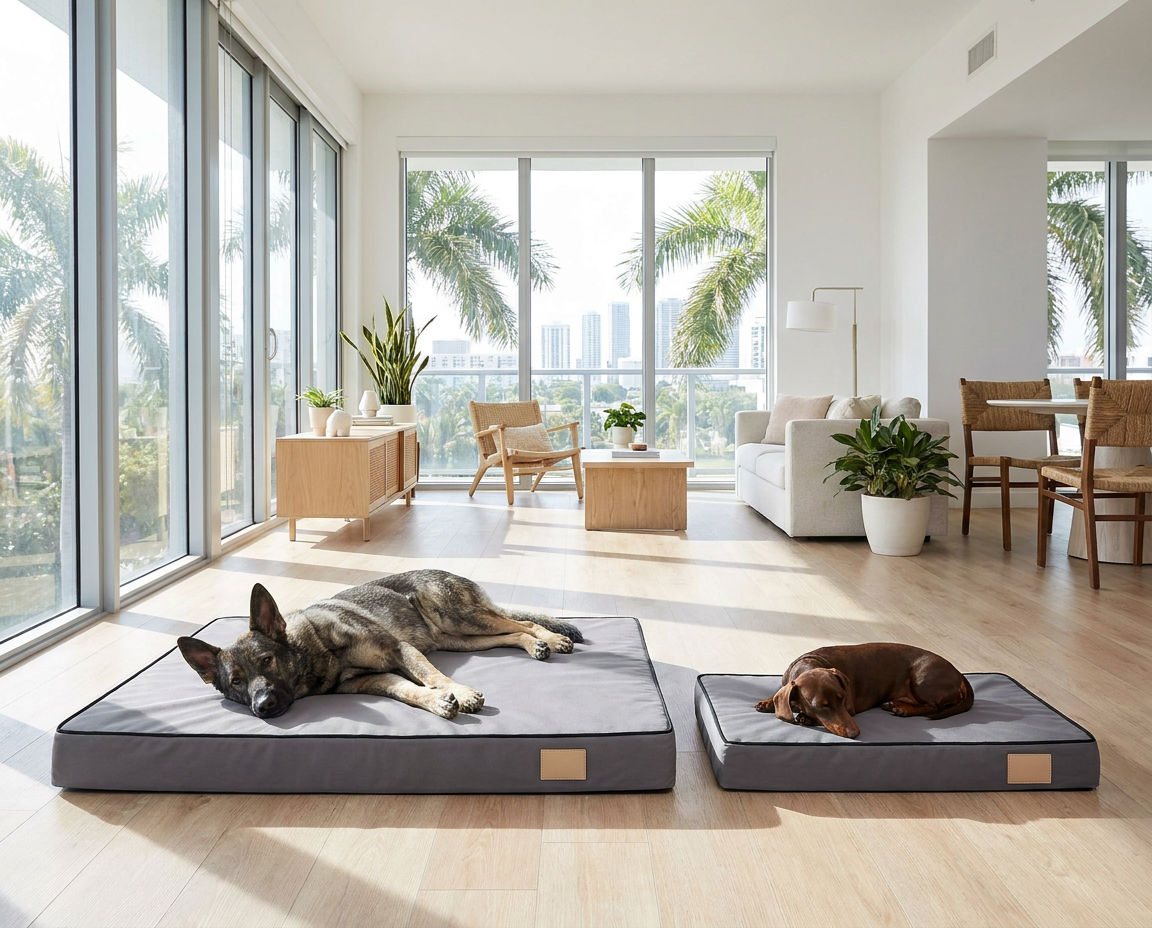 A mini dachshund on a small foam mattress beside a German Shepherd on a large one, same design