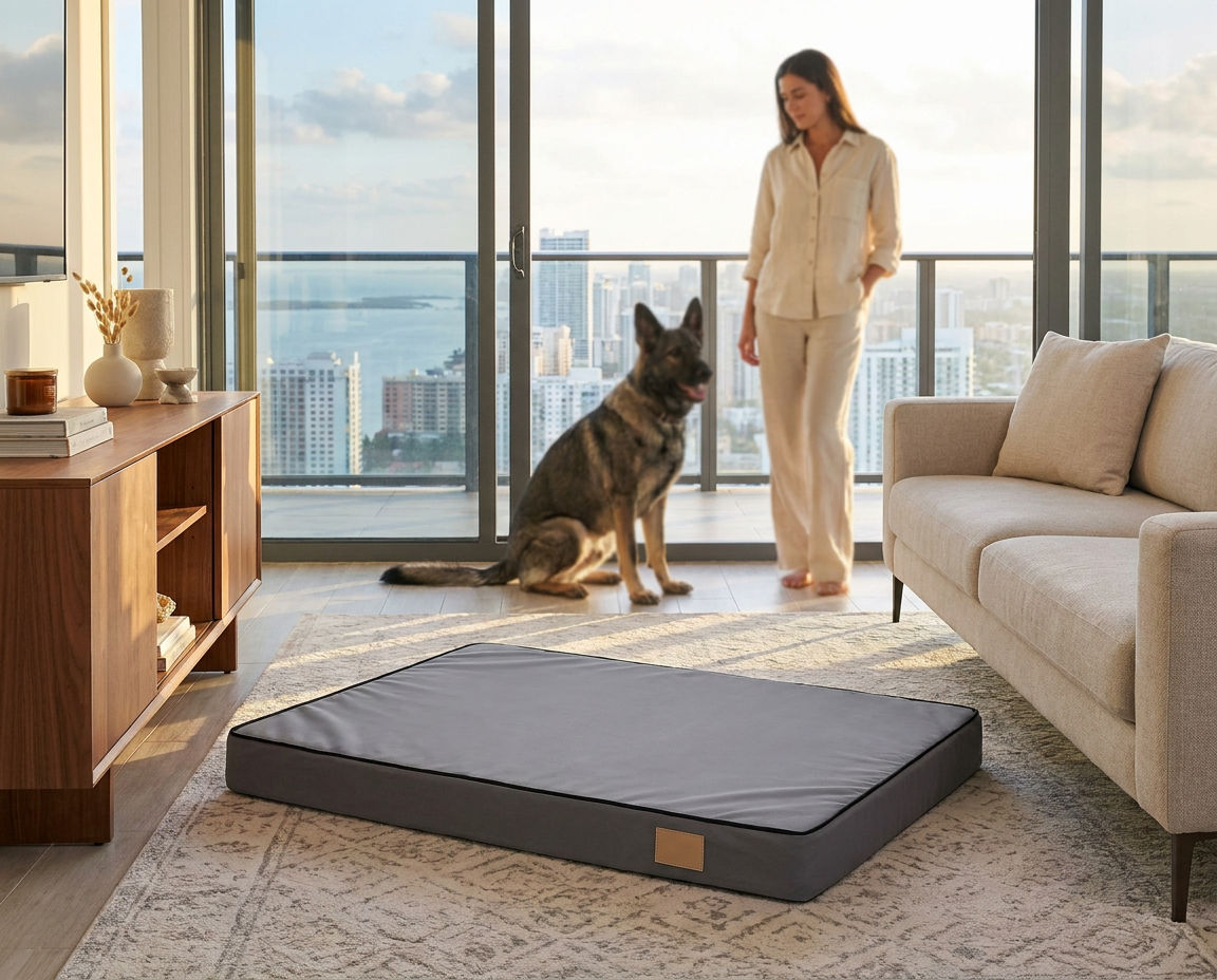 The flat foam dog mattress staged empty beside a sofa in a Brickell apartment, dog and person blurred behind