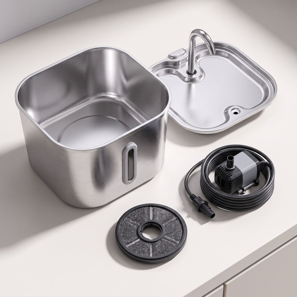 The water fountain disassembled into lid, pump, filter and basin on a countertop
