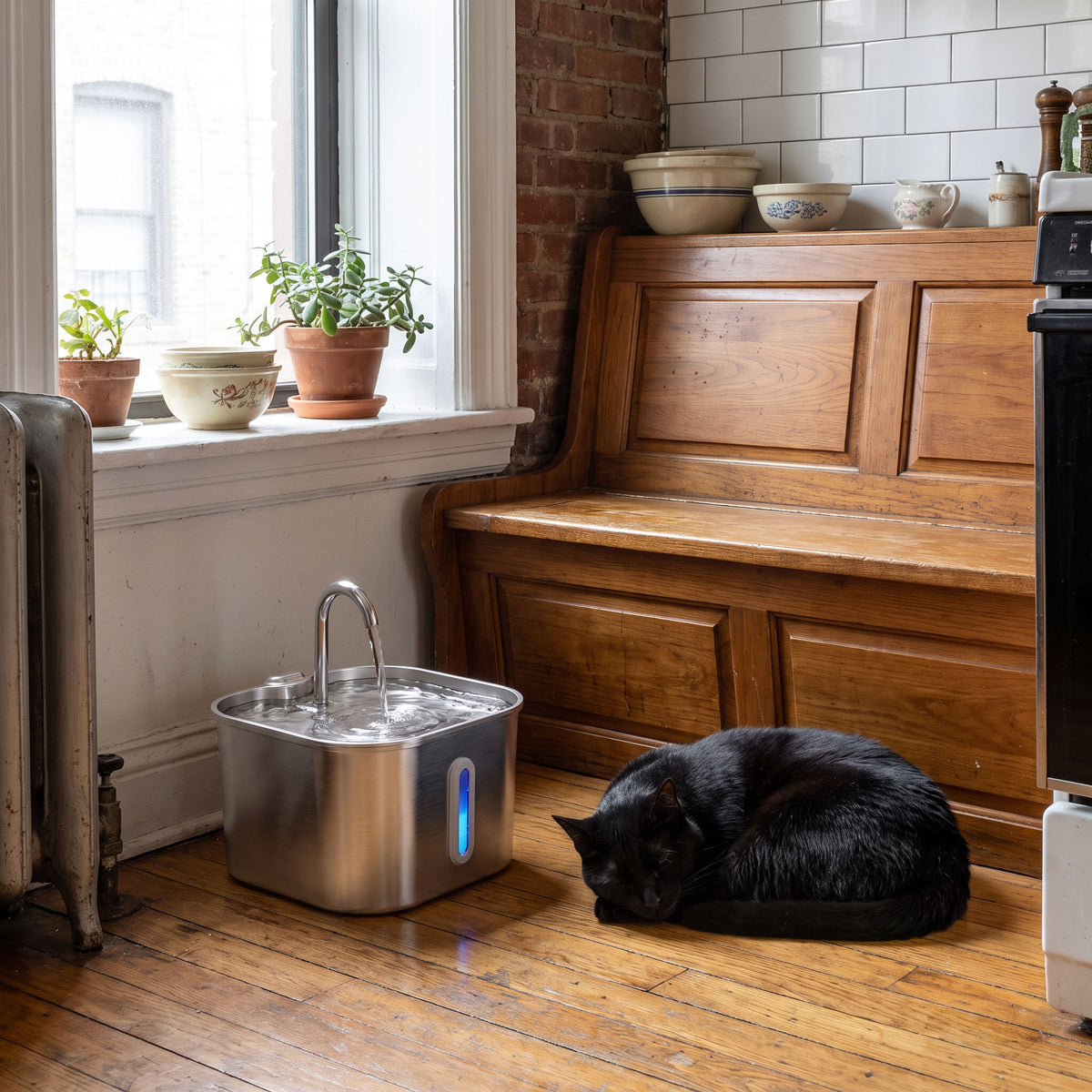 Black cat asleep beside the running water fountain in a New York kitchen nook