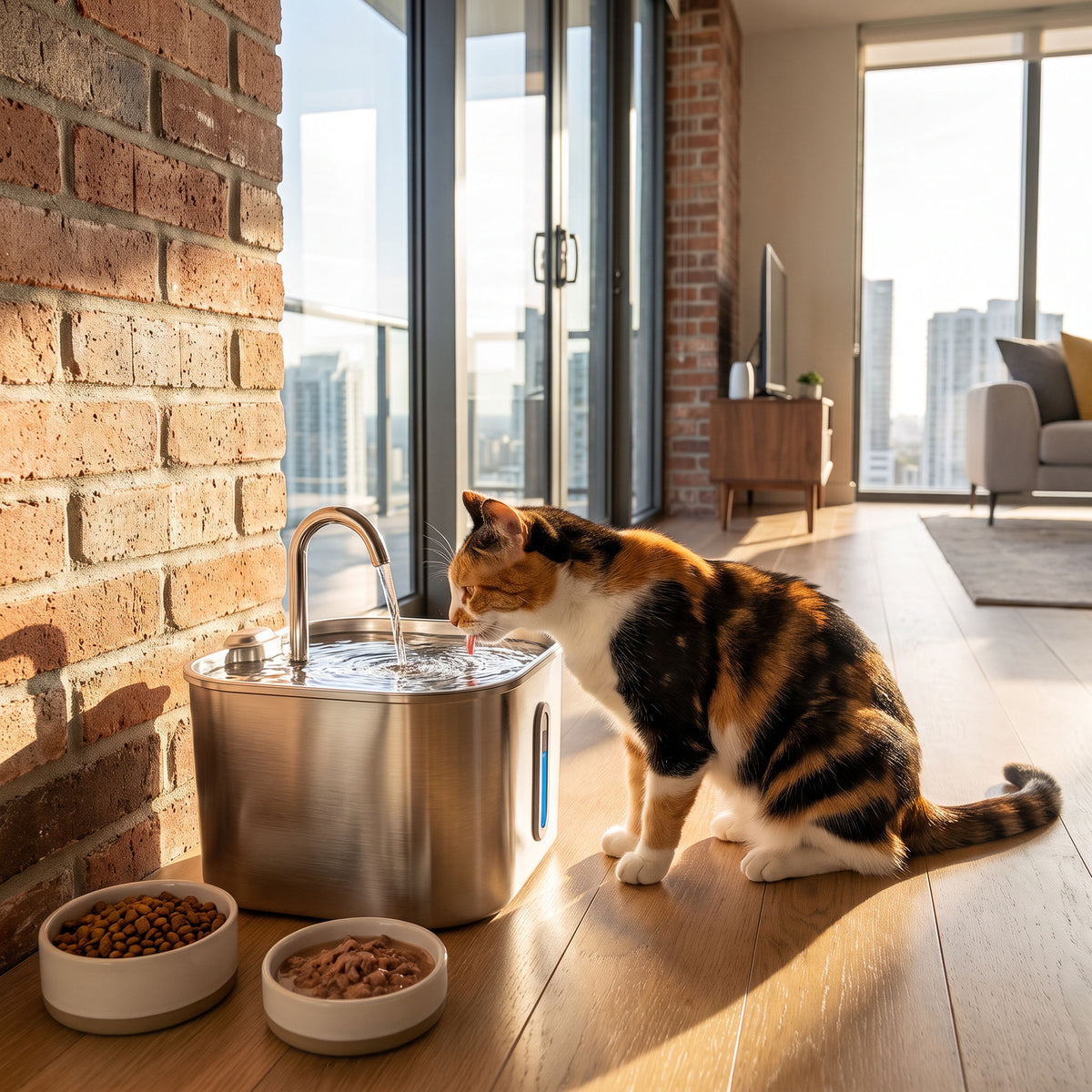 Calico cat drinking from the fountain beside two food bowls in a feeding corner