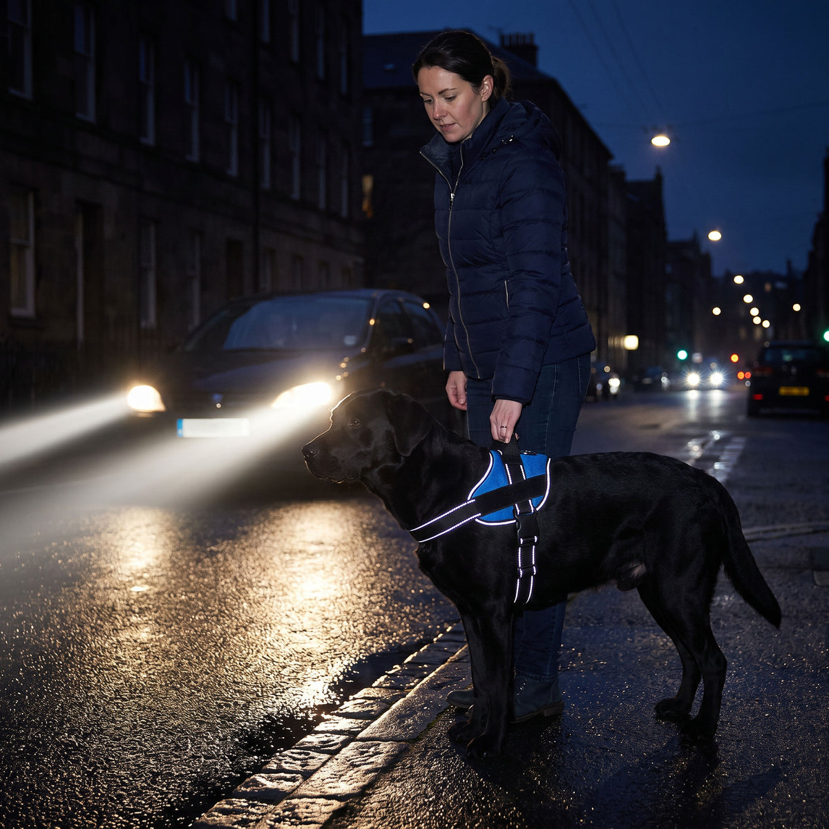 Hand gripping the harness top handle at night, reflective stitching catching headlights