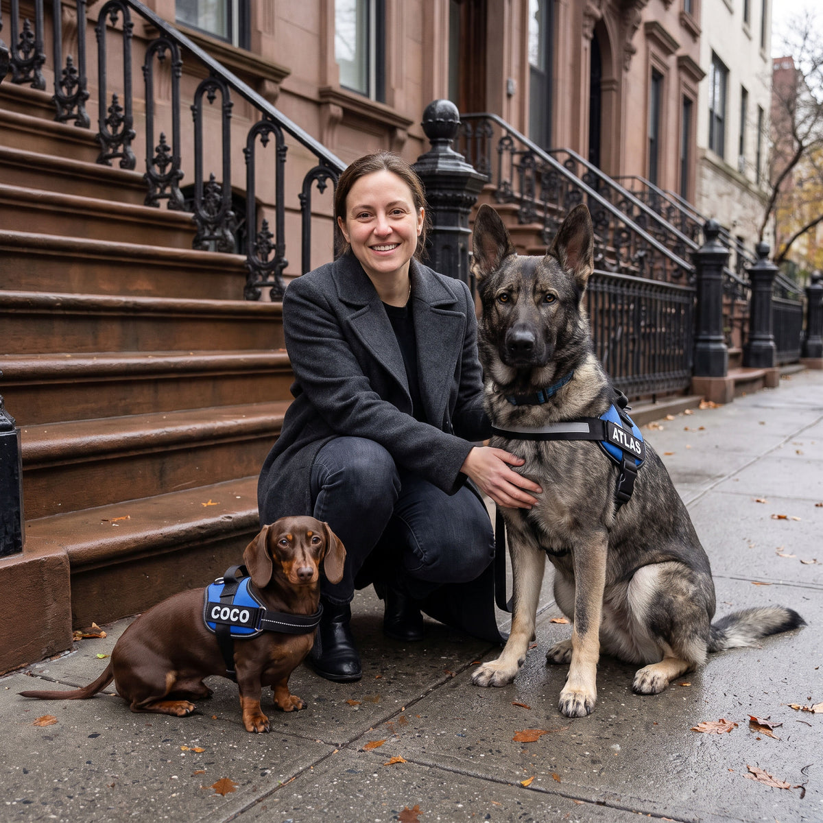 A mini dachshund and a German Shepherd side by side, each in a correctly sized harness