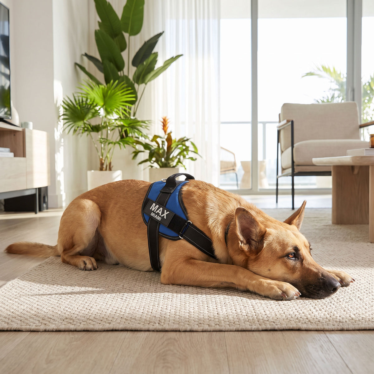 Dog lying relaxed indoors wearing the breathable harness