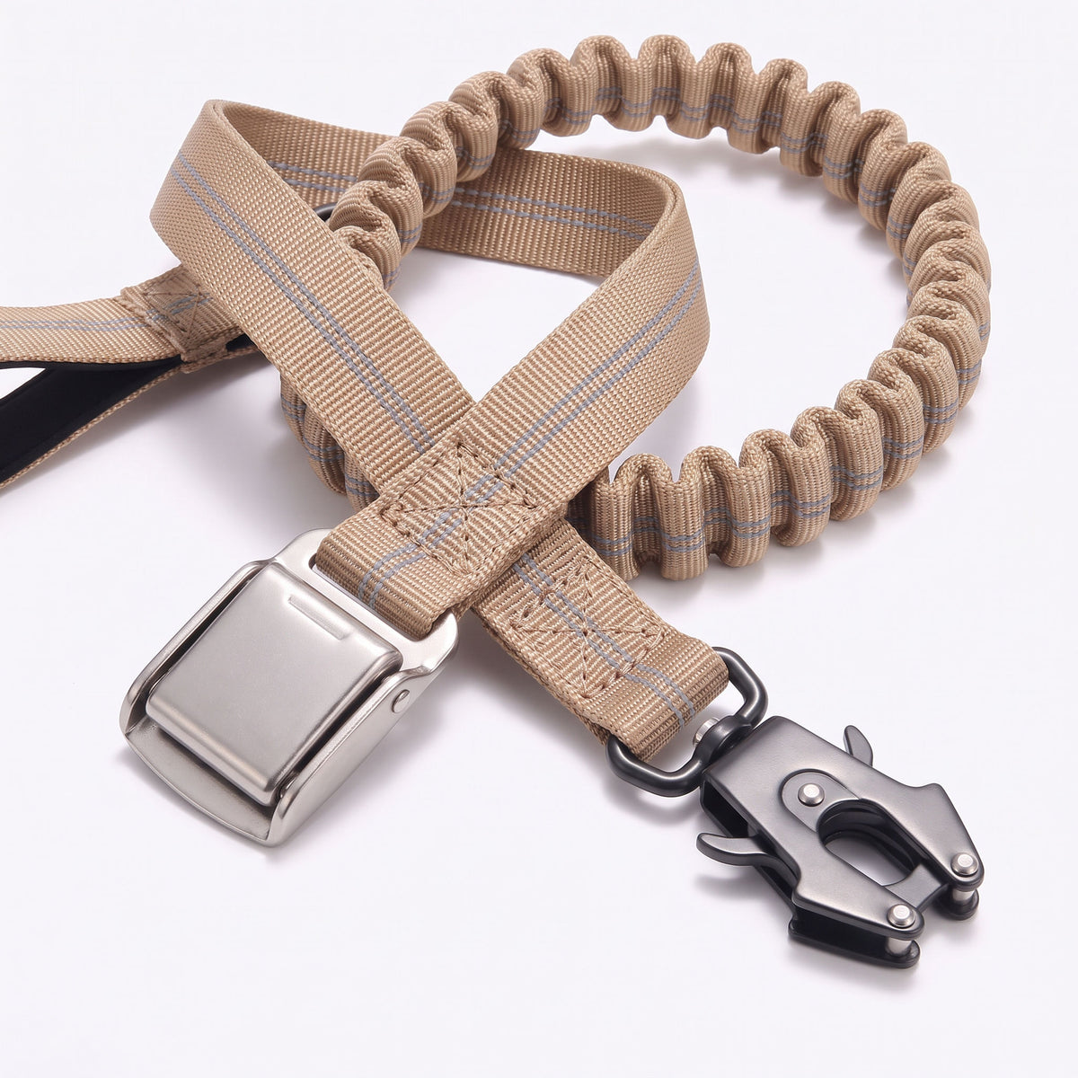 Close detail of the leash seatbelt buckle and rotating clip on a white background